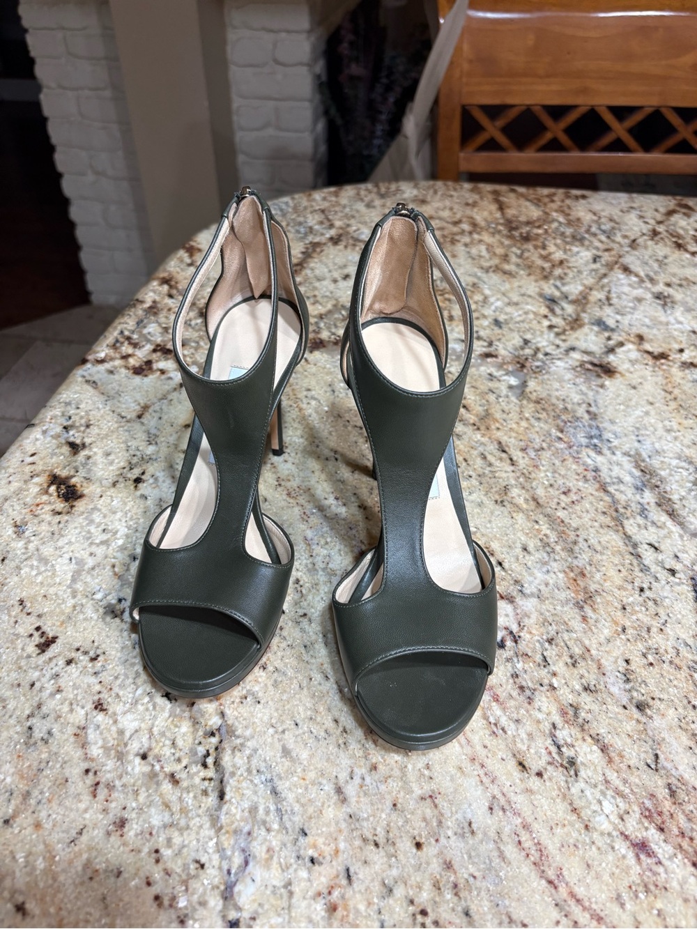 Jimmy Choo Olive Green T-Strap Open-Toe High Heels